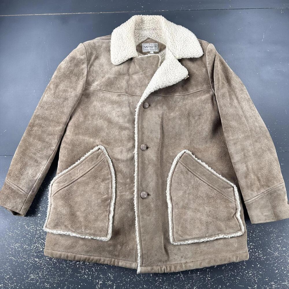 VTG Saddlery Rancher Jacket Mens Large Tan Suede Sherpa Lined Long Fargo Hamm